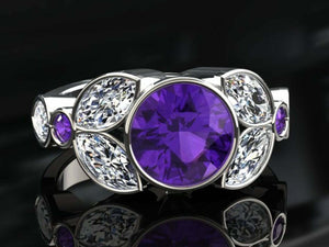 3ct Round Cut Purple Amethyst Leaf Marquise Accent Ring 14k White Gold Finish