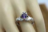 1ct Heart Purple Amethyst Engagement Ring Diamond Claddagh 14k White Gold Finish