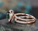 1.5Ct Oval Cut Green Emerald Bridal Set Band Filigree Ring 14K Rose Gold Finish