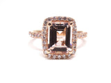 4Ct Emerald Cut Peach Morganite Diamond Halo Engagement Ring 14K Rose Gold Over