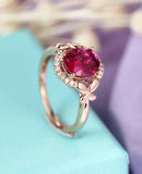 1.1ct Oval Cut Pink Ruby Halo Butterfly Engagement Ring 14k Rose Gold Finish