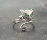 0.5ct Engagement Ring Round Cut Green Emerald Cat Kitten 14k White Gold Finish