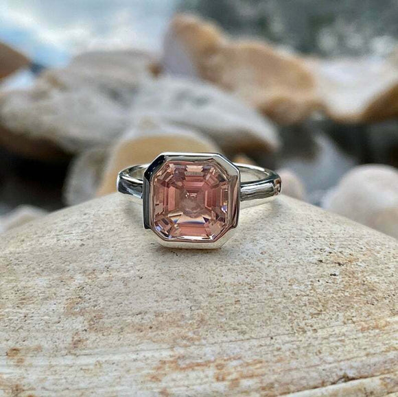 1ct Engagement Ring Asscher Cut Peach Morganite Solitaire 14k White Gold Finish