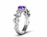 2ct Round Cut Amethyst Flower Stylish Solitaire Accents Ring 14k White Gold Over