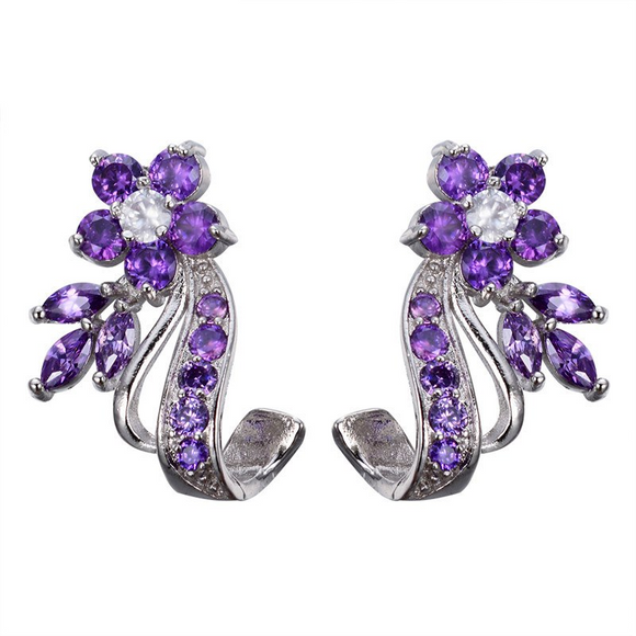 2ct Round Cut Purple Amethyst Unique Flower Drop Earrings 14k White Gold Finish