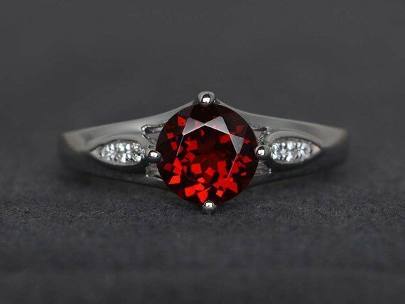 1ct Round Cut Red Garnet Engagement Ring 14k White Gold Finish Accents Solitaire