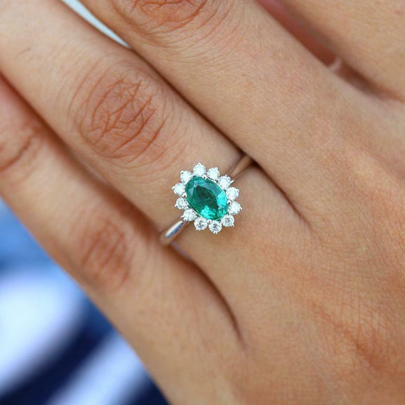 1.76ct Oval Cut Green Emerald Floral Halo Engagement Ring 14k White Gold Finish