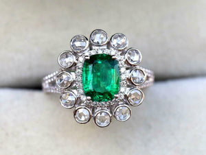 5ct Engagement Ring Cushion Cut Emerald Diamond Halo Floral 14k White Gold Over