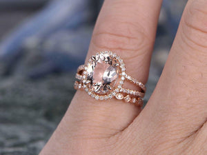 3Ct Oval Cut Peach Morganite Bridal Set Split Band Ring 14K Rose Gold Finish