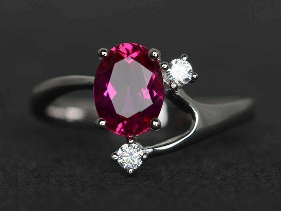 1.7ct Oval Cut Pink Ruby Engagement Ring 14k White Gold Finish Unique Trilogy