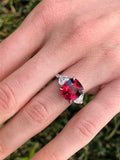 3ct Cushion Cut Red Garnet Diamond Trilogy Ring 14k White Gold Over Heart Accent