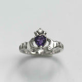 1ct Heart Purple Amethyst Engagement Ring Diamond Claddagh 14k White Gold Finish