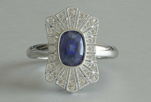 3ct Cushion Blue Sapphire Engagement Ring Vintage Art Deco 14k White Gold Finish