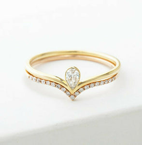 1ct Pear Cut Diamond Engagement Ring V Curved Bridal Set 14k Yellow Gold Finish