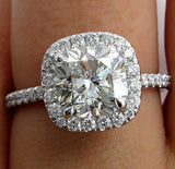 2.5Ct Cushion Cut VVS1/D Diamond Accent Halo Engagement Ring 14K White Gold Over