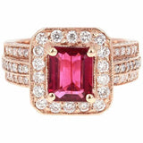 5ct Emerald Cut Pink Ruby Engagement Ring 3 Row Shank Halo 14k Rose Gold Finish