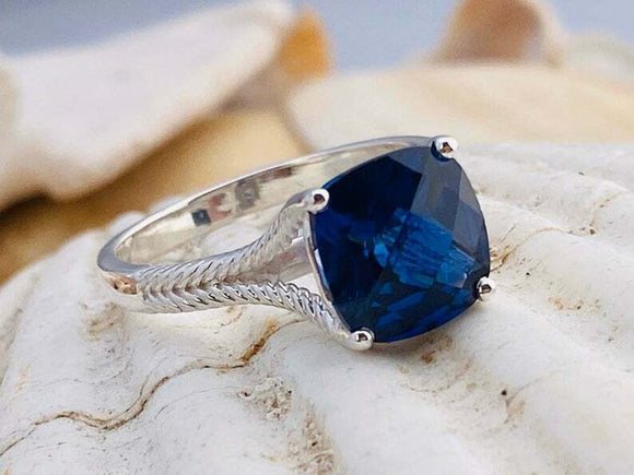 2.1ct Cushion Cut Blue Sapphire Braided Shank Solitaire Ring 18k White Gold Over