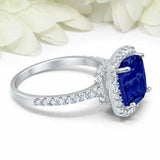 2.75ct Cushion Cut Blue Sapphire Diamond Accent Halo Ring 14k White Gold Finish