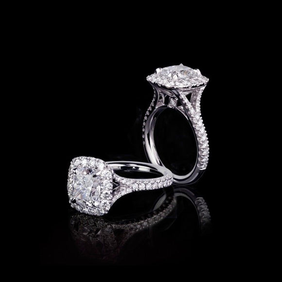 2ct Cushion Diamond Accent Split Band Halo Engagement Ring 14k White Gold Finish