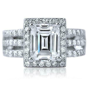 2.1ct Emerald Cut Diamond Engagement Ring Halo Split Shank 14k White Gold Finish