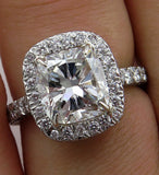 1.6Ct Long Cushion Cut Diamond Accent Halo Engagement Ring 14K White Gold Finish