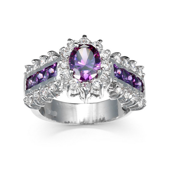 3ct Oval Cut Purple Amethyst Engagement Ring 14k White Gold Over Cocktail Floral