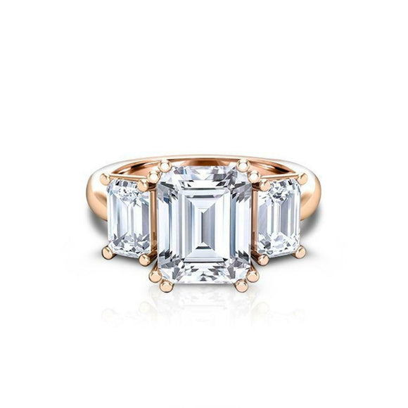 Solitaire Trilogy Engagement Ring 2.5ct Emerald Cut Diamond 14k Rose Gold Finish