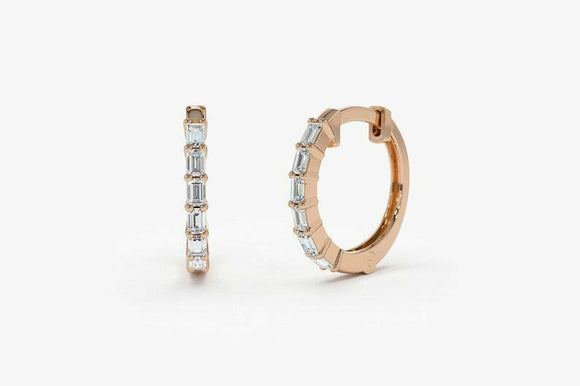 1ct Huggies Earrings Baguette Cut Diamond Elegant Stylish 14k Rose Gold Finish