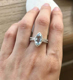 1.5ct Marquise Cut Blue Aquamarine Vintage Bridal Set Ring 14k White Gold Finish