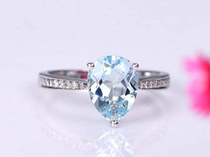 1.5ct Pear Cut Blue Aquamarine Solitaire with Accents Ring 14k White Gold Finish