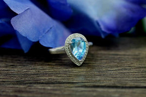 2ct Pear Blue Topaz Engagement Ring Diamond Halo Solitaire 14k White Gold Finish