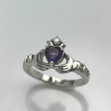 1ct Heart Purple Amethyst Engagement Ring Diamond Claddagh 14k White Gold Finish