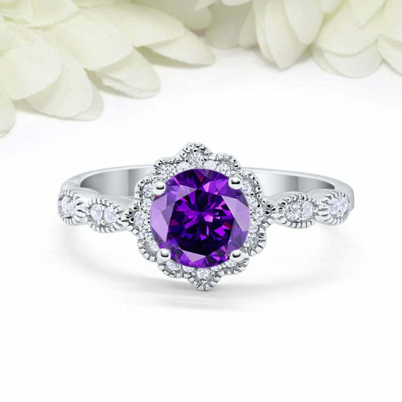 2ct Round Cut Amethyst Engagement Ring Vintage Halo Art Deco 14k White Gold Over