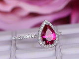 1.6ct Pear Cut Ruby Halo Engagement Ring 14k White Gold Finish with Round Accent