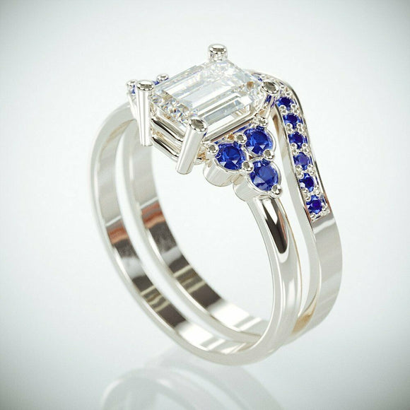 3Ct Emerald Cut Diamond Blue Sapphire Accent Band Bridal Set 14K White Gold Over