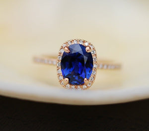 1.5ct Oval Cut Blue Sapphire Princess Halo Engagement Ring 14k Rose Gold Finish