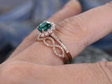 3Ct Round Cut Green Emerald Bridal Set Halo Floral Ring Band 14K Rose Gold Over