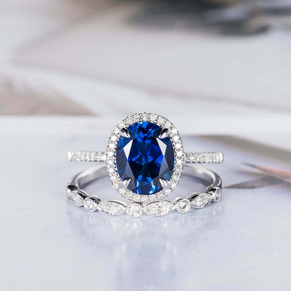 2.5ct Oval Cut Blue Sapphire Engagement Ring Halo Bridal Set 18k White Gold Over