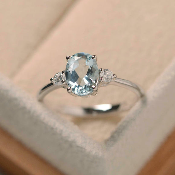 1ct Oval Cut Aquamarine Engagement Ring Trilogy Minimalist 14k White Gold Finish