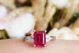 1.5ct Emerald Cut Pink Ruby Engagement Ring 14k WhiteGold Finish Trilogy Promise