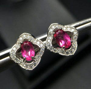 2.3ct Stud Earrings Oval Cut Pink Ruby Halo Design 14k White Gold Finish