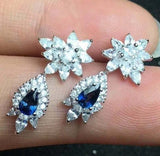 2.75ct Drop Earrings Pear Cut Blue Sapphire Cluster Halo 14k White Gold Finish