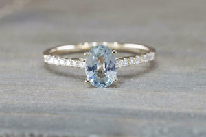 1ct Oval Cut Blue Aquamarine Engagement Ring 14k Yellow Gold Over Diamond Accent