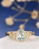 1ct Oval Blue Aquamarine Diamond Flower Leaf Milgrain Ring 14k Yellow Gold Over