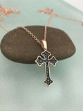 1ct Round Cut Black Diamond Pendant with Chain Christ Cross 14k Rose Gold Finish