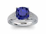 3ct Cushion Cut Blue Sapphire Cluster Accent Milgrain Ring 14k White Gold Finish