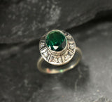 2ct Engagement Ring Oval Green Emerald Vintage Inspired Halo 14k White Gold Over