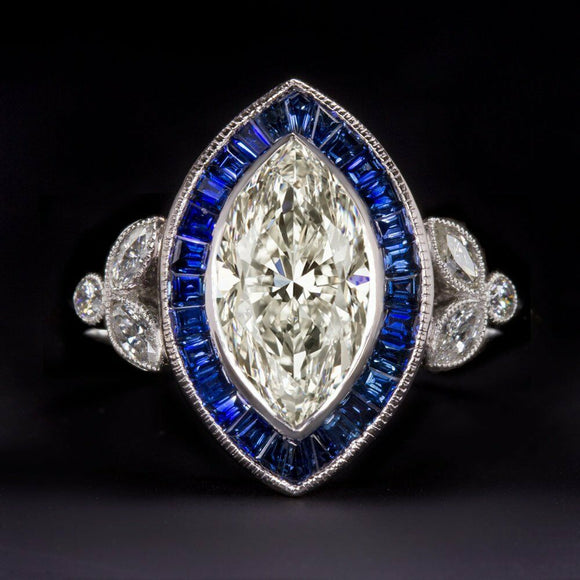 3Ct Marquise Cut Diamond Blue Sapphire Halo Art Deco Ring 14K White Gold Finish