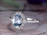 2.4ct Oval Blue Aquamarine Engagement Ring Round Accent Halo 14k White Gold Over