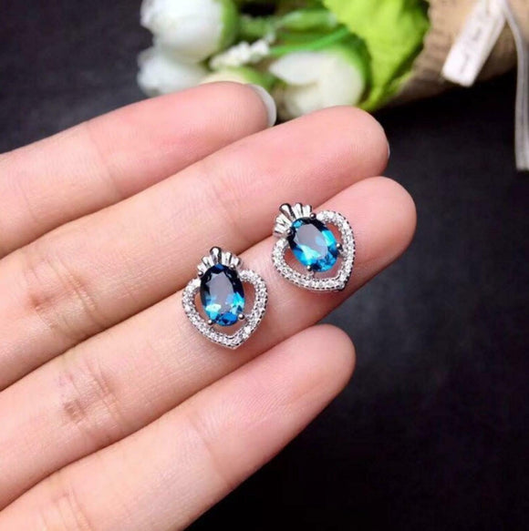 1.7ct Stud Earrings Oval Cut London Blue Topaz Heart Crown 14k White Gold Finish